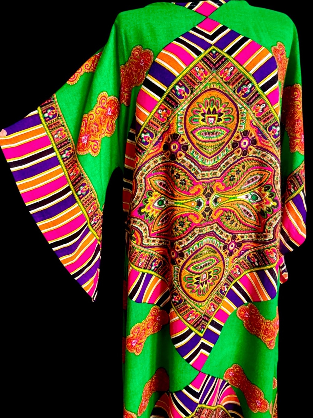 Vintage Kaftan Mid Century Maxi Lounge Gown 60s 70s Paisley Stripe Angel Sleeves